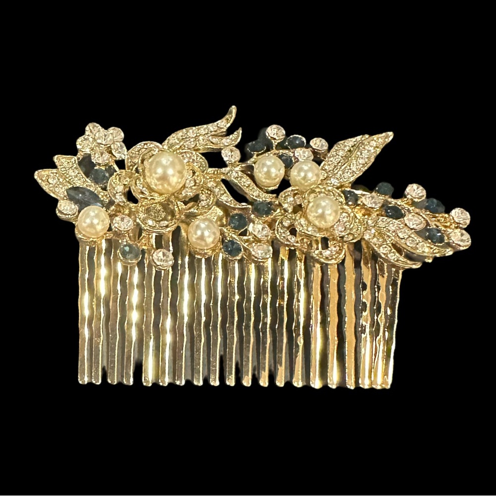 Elegant Gold and Blue Hair Comb Rhinestone Floral Flower